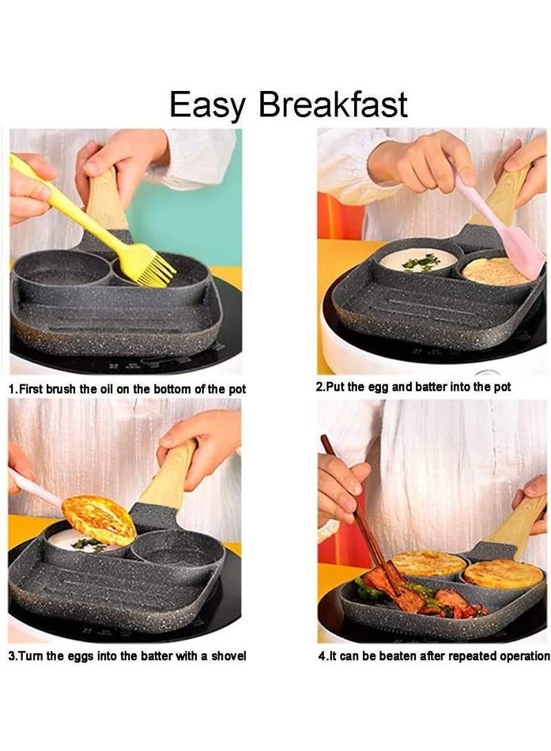 بيوينتي مقلاة ألومنيوم غير لاصقة ثلاثية الحجرات مع مقبضين خشبيين، ثنائية الوظيفة لتحضير أومليت اللحم والبيض والكعك. - Image 4